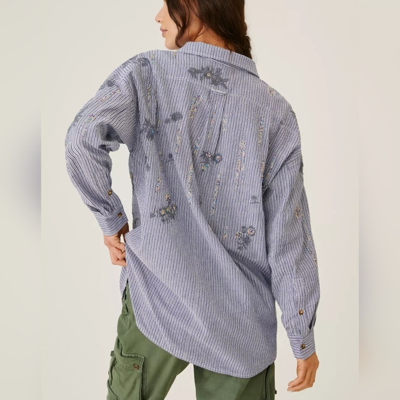 Anthropologie Pilcro Beaded Button Up Striped top XL - Picture 2 of 11